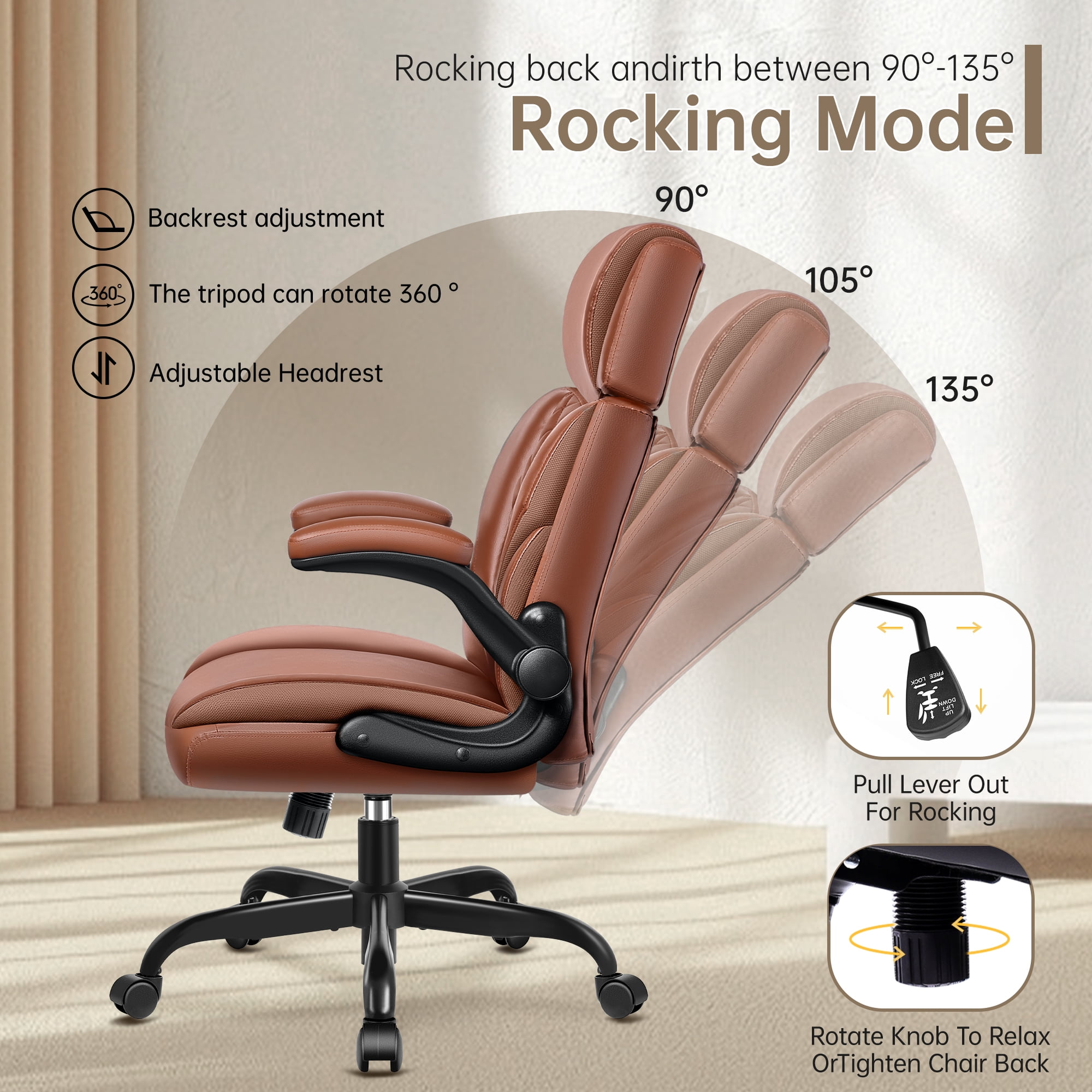 FASTES Leather Office Chair, Executive Desk Chair with Flip Up Arms, Ergonomic Computer Desk Chairs Home Office Chair with Adjustable Headrest and Rocking Function, Brown