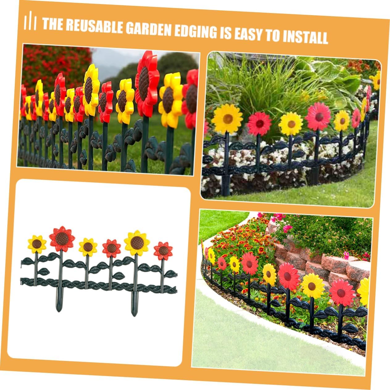 QIANJIA Sunflower Garden Fence Decoration Reusable Patio Border Edging for Lawn Flower Beds Easy to Install Portable Decorative Fence Panel for Outdoor Spaces