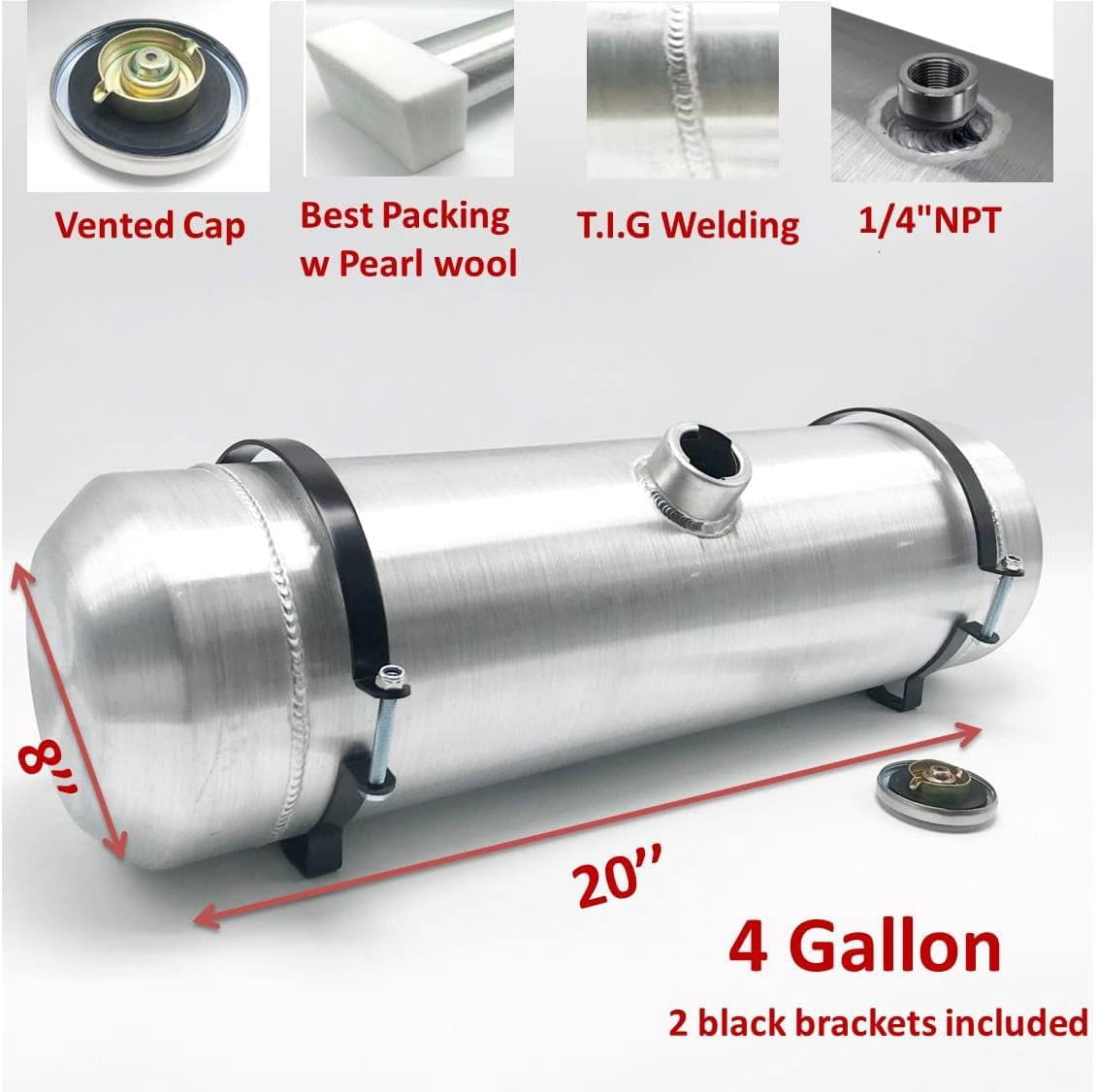 JSD AUTO PARTS 4 Gallons Aluminum Gas Tank / Fuel Tank 8 x 20 inch Center Fill 1/4" NPT Outlet