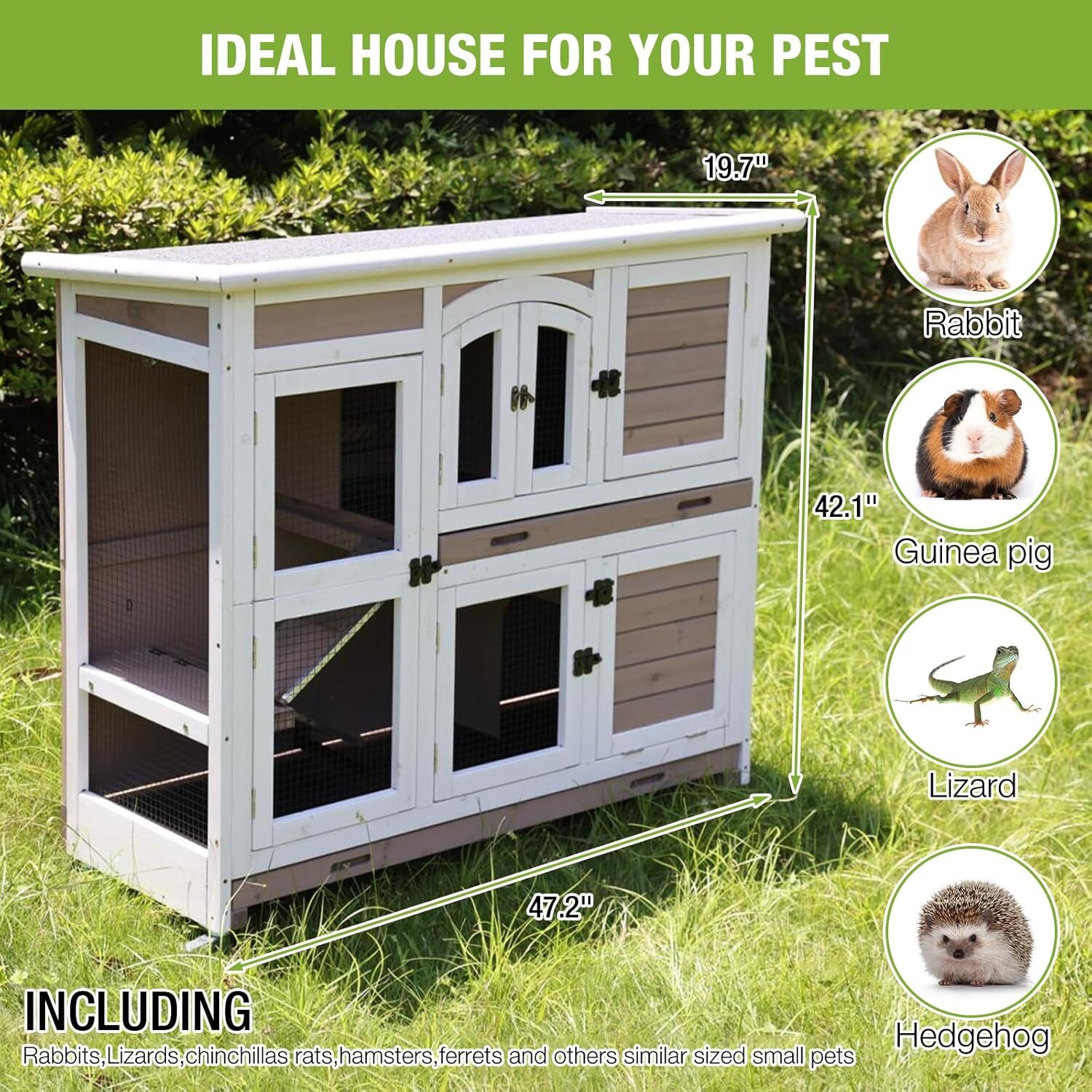 MEDEHOO Rabbit Hutch Indoor and Outdoor Bunny Cage with Wheels Hamster House Guinea Pig Cages for Small to Medium Animals Waterproof Leakproof Tray brown