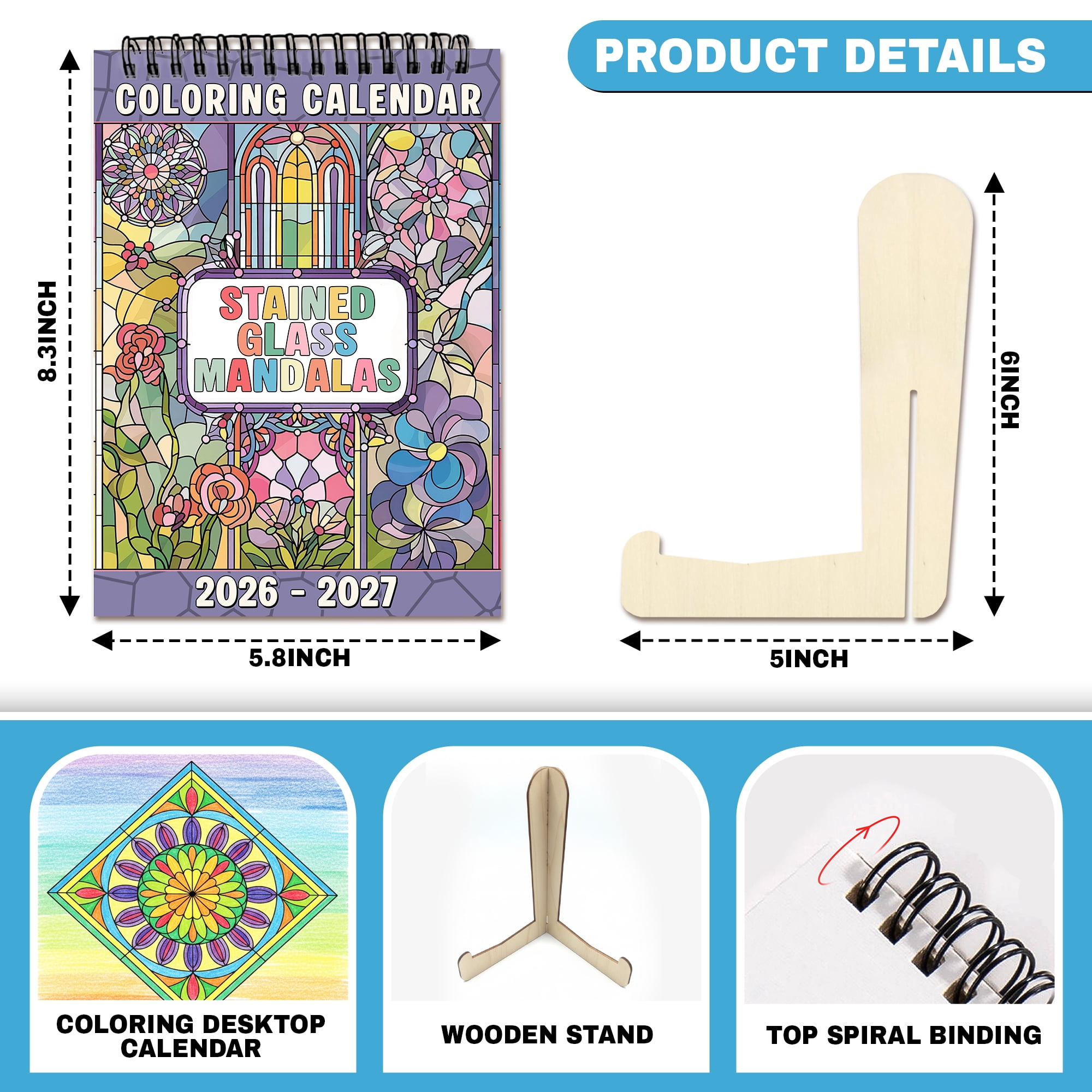 Stained Glass Mandalas Coloring Desk Calendar 2026–2027, A5 Wooden Cover Planner with 26 Easy Coloring Pages for Adult Relaxation, 24 Month Desktop Calendar with Stand, Gift for Family & Friends