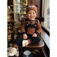 thumbnail image 5 of 3Pcs Infant Boy Outfit Crew Neck Long Sleeve Contrast Color Romper Suspender Pants and Dog Face Print Hat Set, 5 of 7