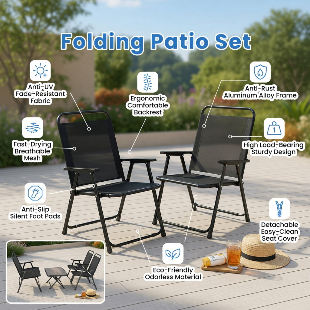 Hommoo 4-Piece Foldable Patio Furniture Set, SPC Coffee Table, Loveseat & 2 Chairs for Backyard, Poolside & Garden Use, Black