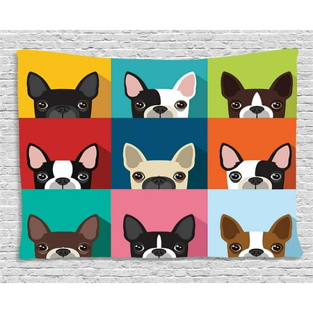 Boston Cotton Tapestry - Boston Terrier Tapestry, Minimalist Colorful Assortment of Terrier Portraits Multiple Variations, Wall Hanging for Bedroom Living Room Dorm Decor, 80W X 60L Inches, Multicolor, by Ambesonne