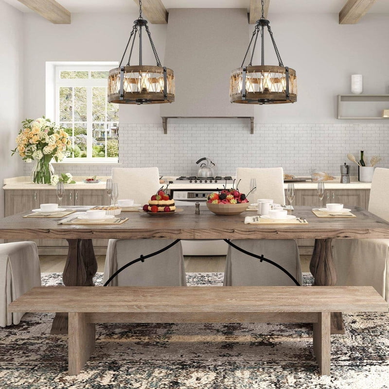 LNC 4-Light Farmhouse Drum Chandelier with Rope Accents and Clear Glass Shades in Wood and Black Finish