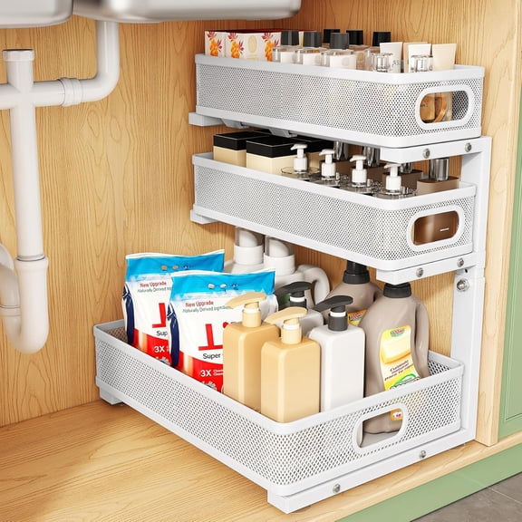 3-Tier Height Adjustable Under Sink Organizer Shelf with Slide-Out Storage Drawer for Bathroom Kitchen Pantry Laundry