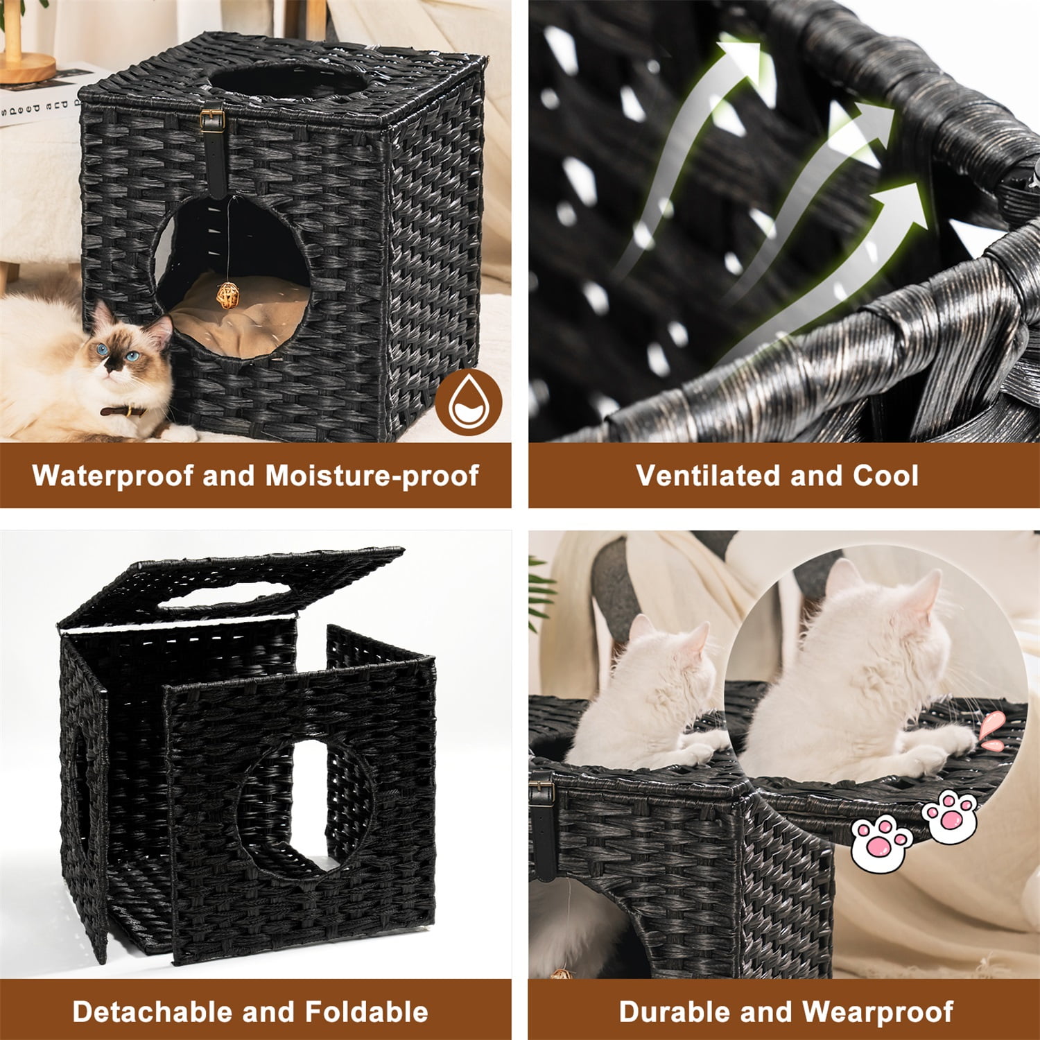 Pefilos 15.7 Inch Rattan Cat Bed, Wicker Kitten House Square Condo with Rattan Ball and Cushion, Black Pefilos 15.7 Inch Rattan Cat Bed, Wicker Kitten House Square Condo with Rattan Ball and Cushion, Black