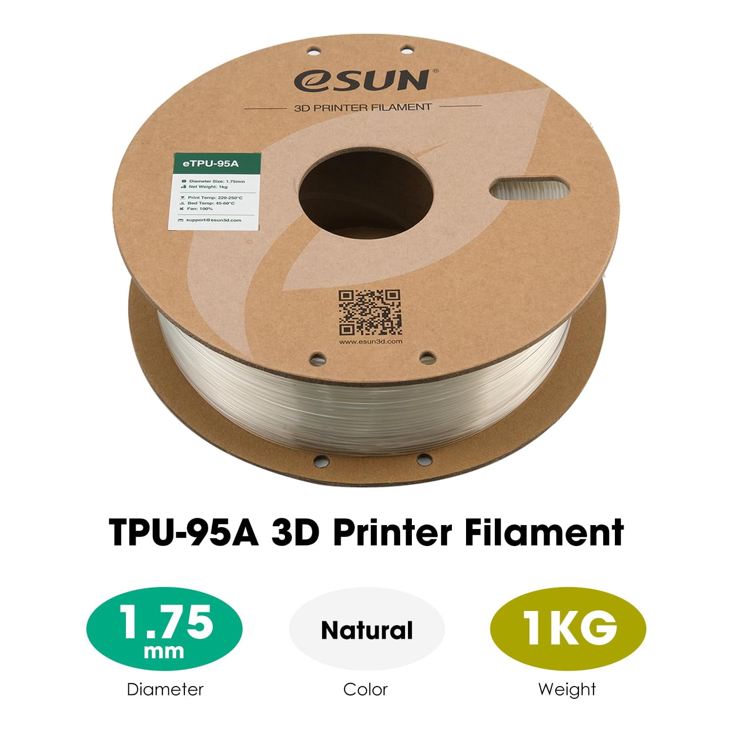 TPU 95A Filament 1.75mm, Flexible 3D Printer Filament TPU, Dimensional Accuracy +/- 0.05mm, 1KG Spool (2.2 LBS) 3D Printing Filament for 3D Printers, Natural