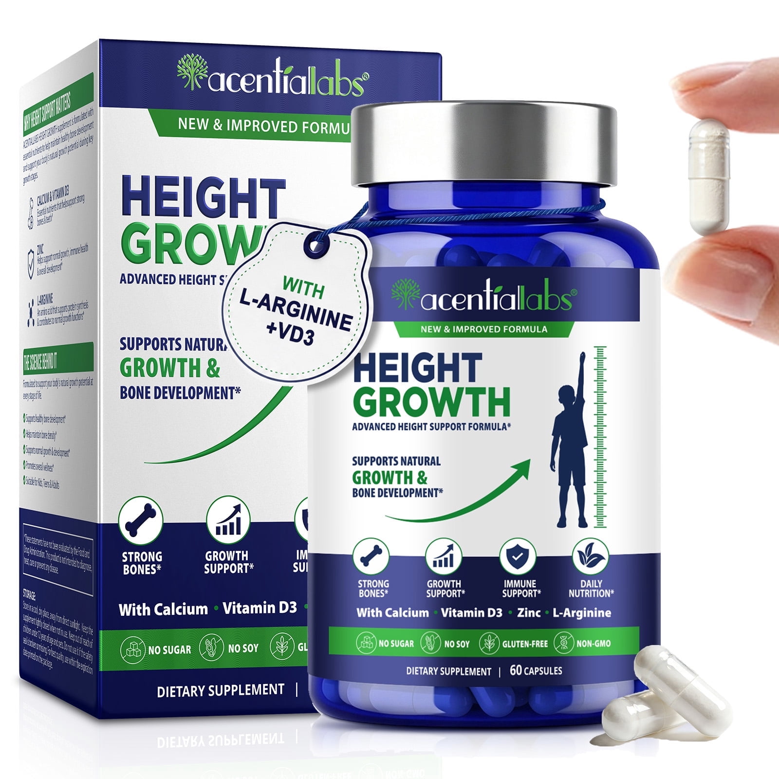 Height Growth for Ages 12+, Height Growth Maximizer Capsules, with Calcium, Vitamin D3, Zinc & L-Arginine, 60 Capsules