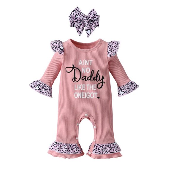 Newborn Baby Girl Long Sleeve Letter Ruffle Romper and Headband Jumpsuits Outfit Set Pink 0-3 Months