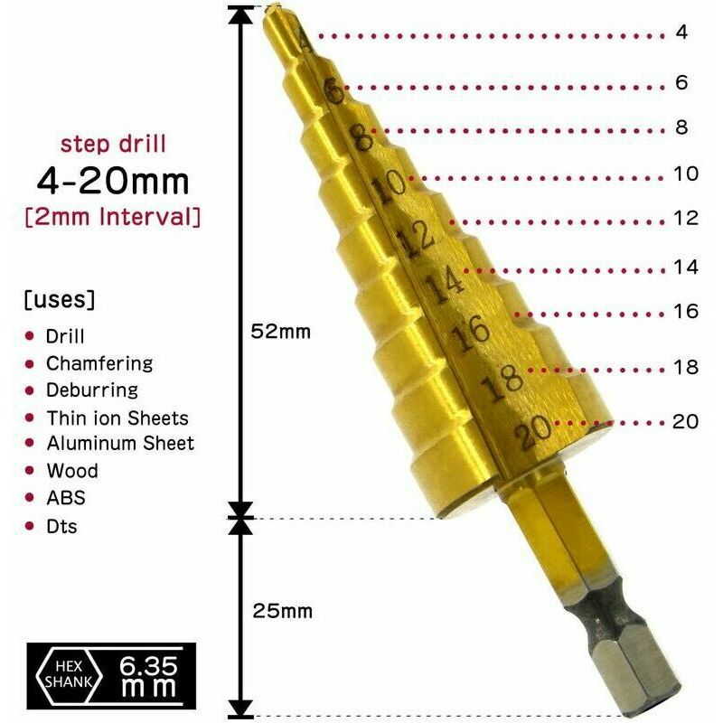 Set Of 3 Step Drill Bits, Stainless Steel Metal, 4-12/20/32Mm, Titanium Conical Triangle, With Hexagon Shank, For Drilling Screwdriver On Steel, Brass, Wood, Plastic
