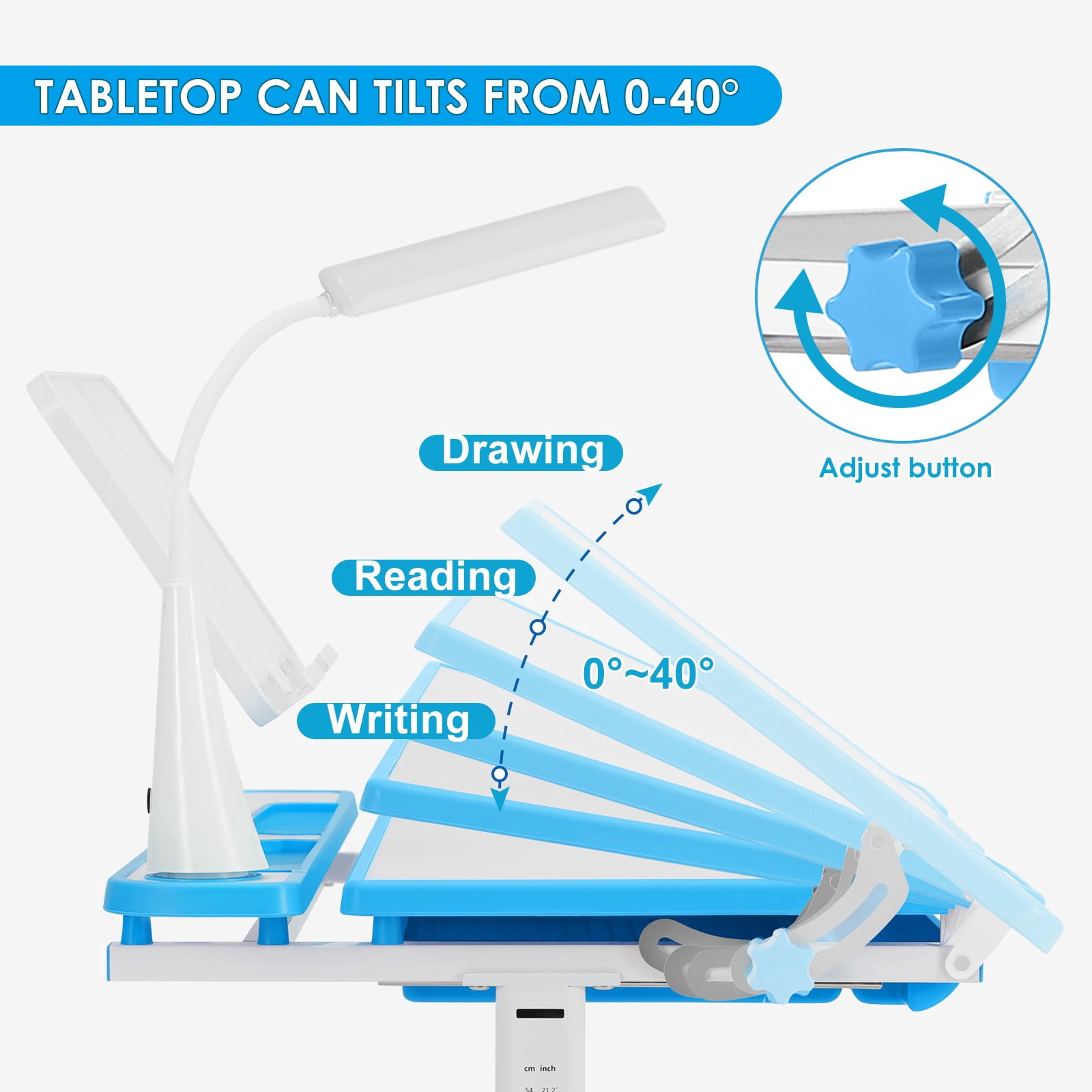 COSVALVE Height Adjustable Kids Study Desk & Chair Set Children School Boy Table Large Writing Board Desk with LED Lamp,Drawer,Bookstand(Blue)