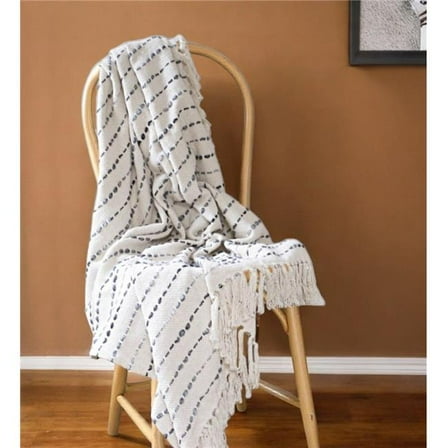 HomeRoots 548878 50 x 60 in. White & Navy Blue Cotton Blend Woven Striped Throw Blanket with Fringe