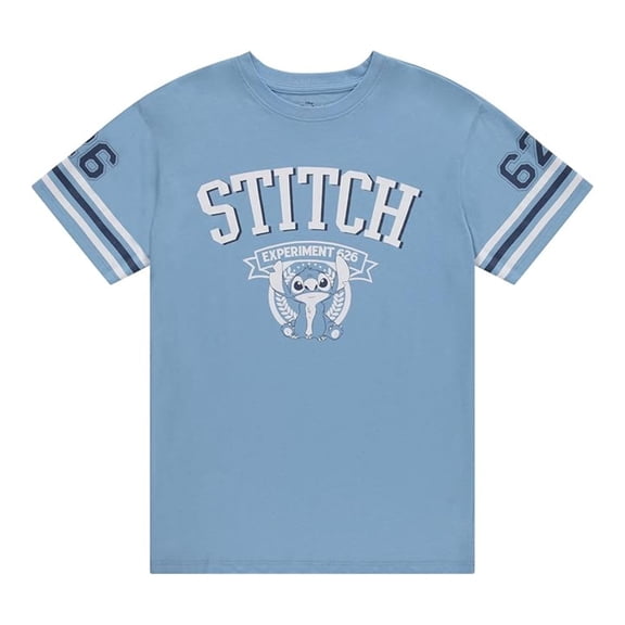 Disney Women’s Lilo and Stitch Shirt, Printed Stripe Sleeve Athletic Varsity Stitch T-shirt Blue - M