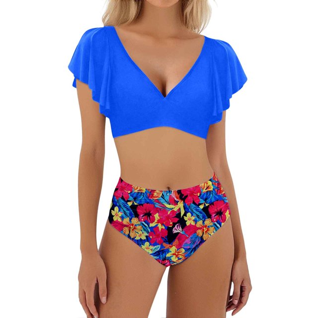 MKLEKYY Traje De Baño Mujer Natacion Women Ruffle High Waisted Swimsuit Two Piece Tropical Print Swimsuit Up Bathing Suit