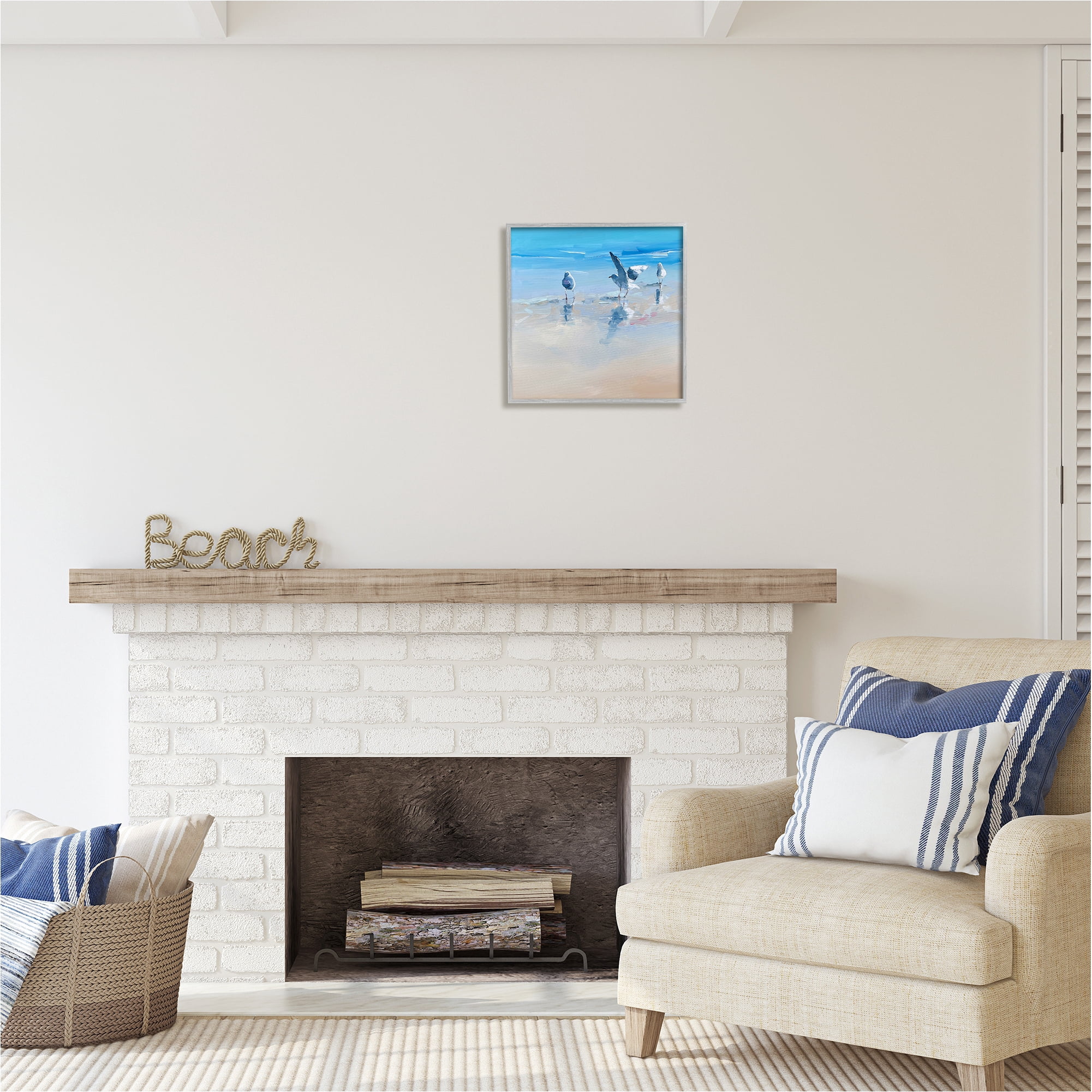 Stupell Industries Seagulls on Beach Painting Animals & Insects Painting Gray Framed Art Print Wall Art, 17 x 17