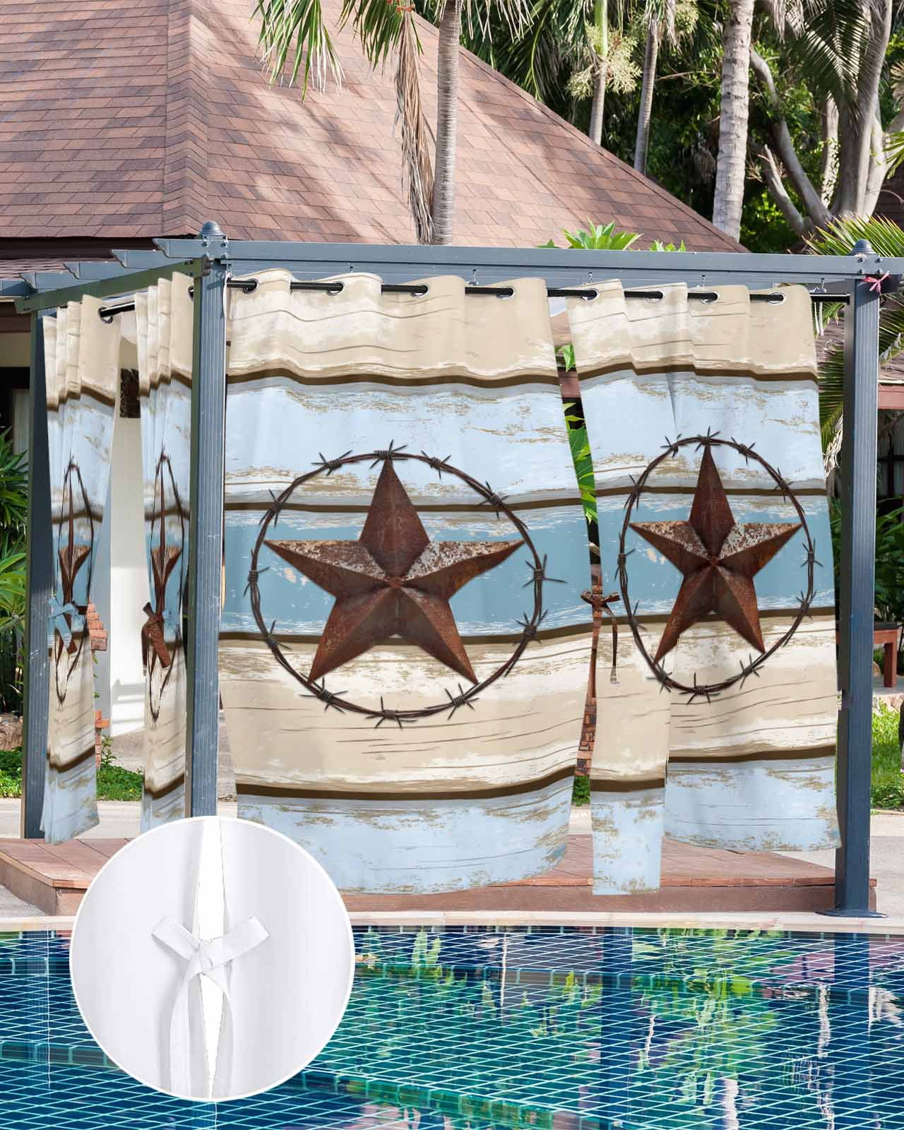 nqOlkjepod Outdoor Curtains for Patio Waterproof, Beige Blue Star Outdoor Privacy Panels Grommet, Texas Star Wooden Retro Blackout Outside Curtains for Porch/Cabana/Pergola/Gazebo 54"x108", 2 Panels