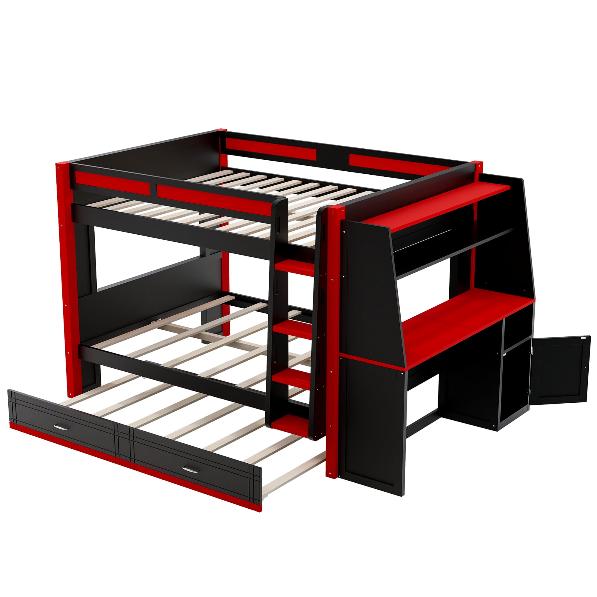 Euroco Wood Full over Full Bunk Bed with Desk and Shelves, Gaming Bed with Trundle and LED Lights, Red & Black