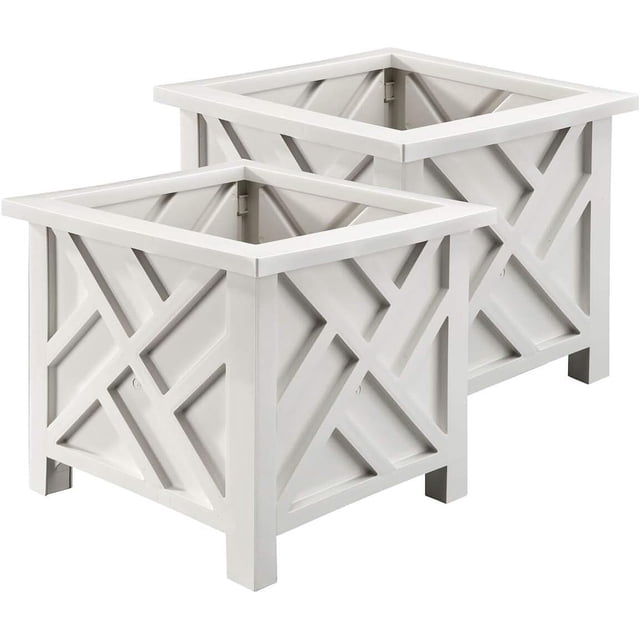 ZYPPP Set of 2 Chippendale Planter Boxes, White – Outdoor Flower Holder for Garden, Patio and Lawn – 14 ¾” sq. x 13 ¼ H Overall