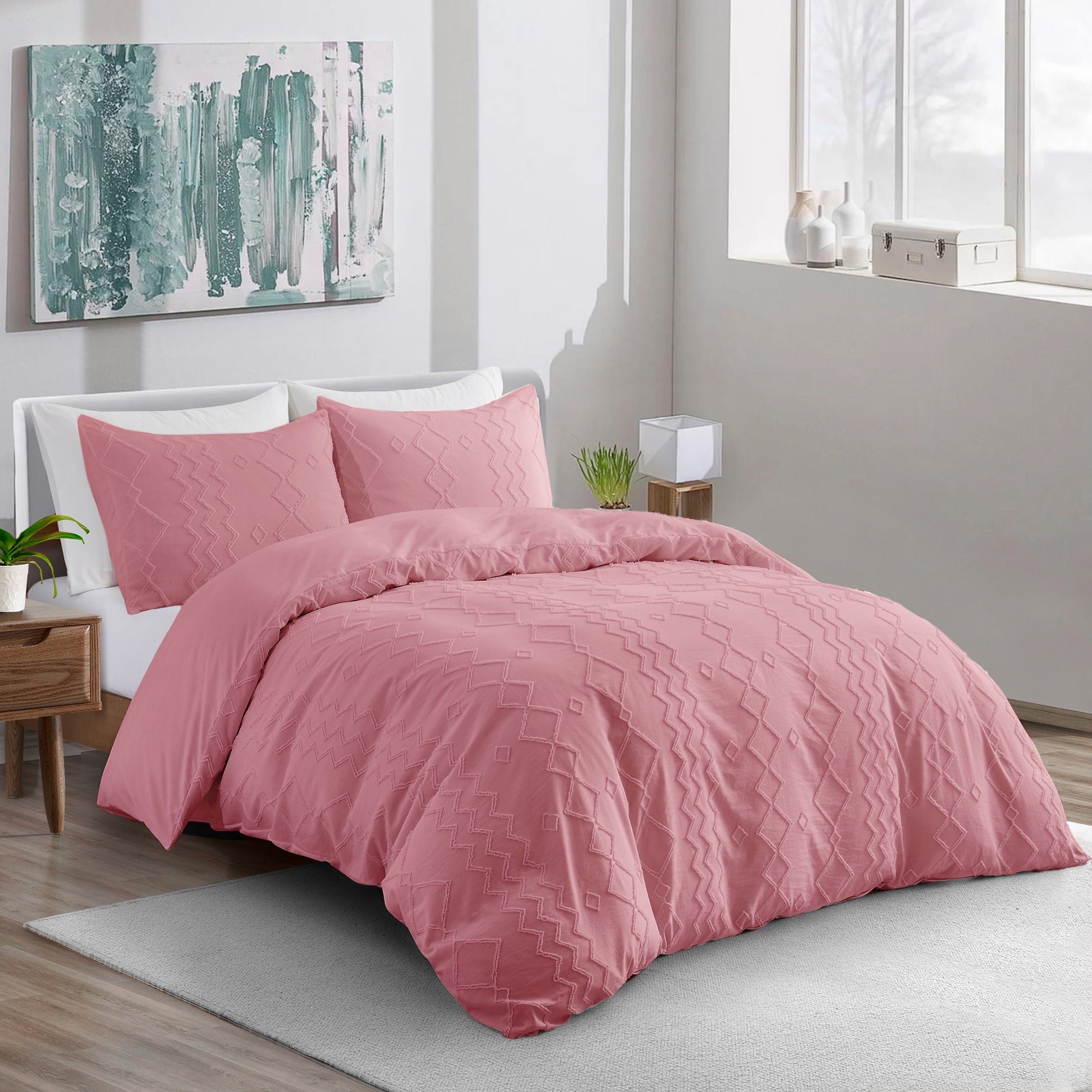 Unikome 3Piece Soft Solid Clipped Jacquard Duvet Cover Set in Pink