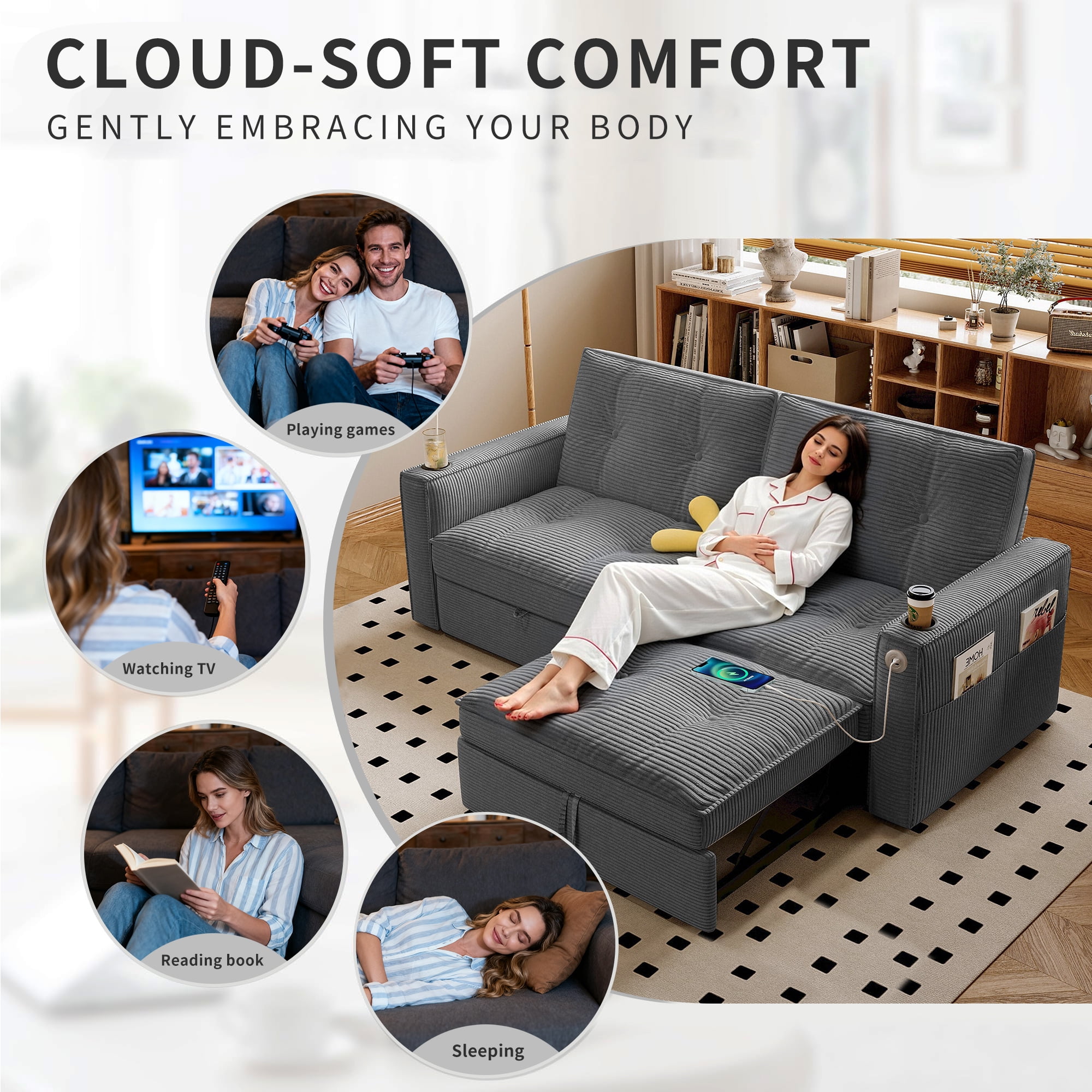 LLappuil 73" Pull Out Sofa Bed Queen Size, Loveseat Sofa Convertible Sleeper Sofa Bed, Corduroy Sofa Couch for Living Room Gray