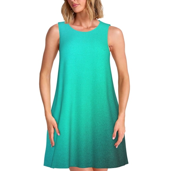 Vsdgher Turquoise Light Blue Print Summer Dresses for Women Casual U Neck Beach Dress Sleeveless Tank Loose Sundress with Pocket