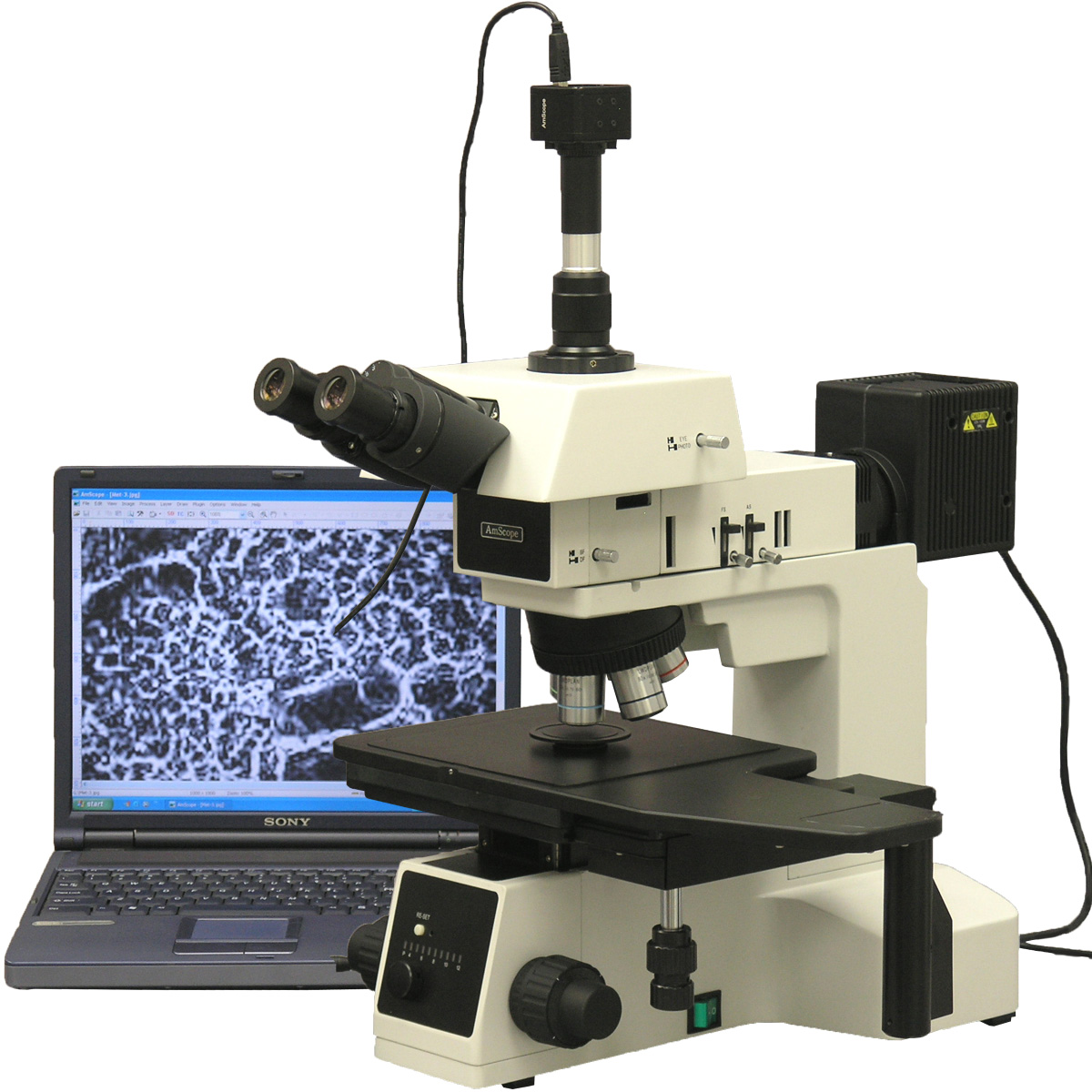 AmScope 50X750X Polarizing Darkfield Metallurgical Microscope with 3MP