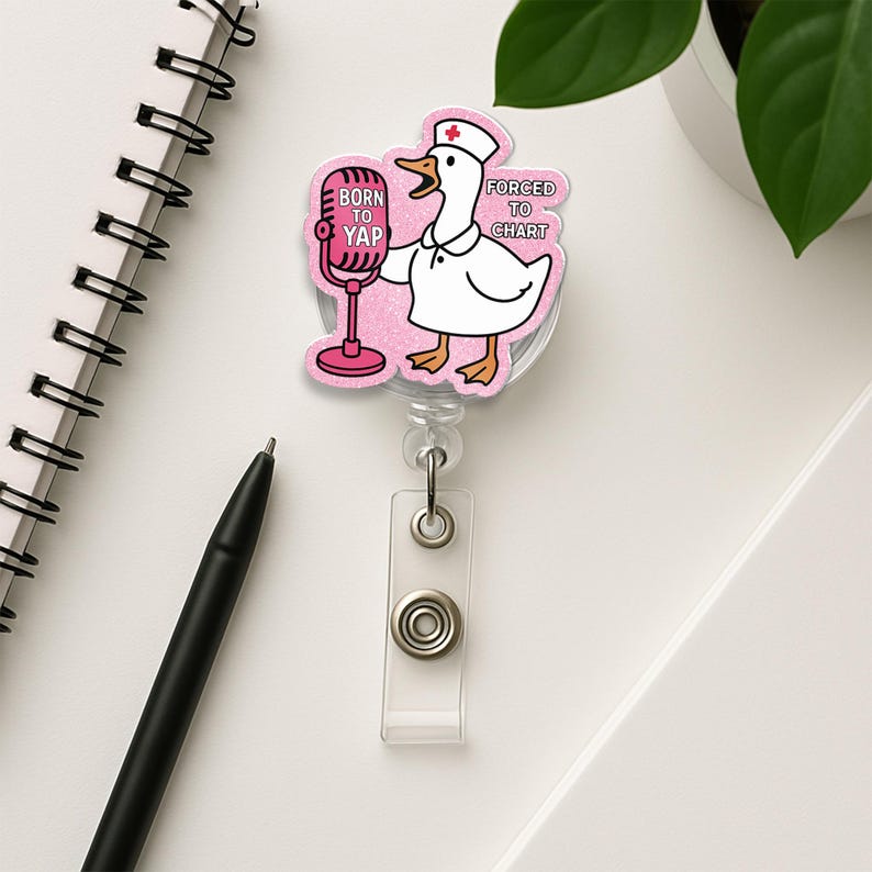 TiniDecor Funny Goose Nurse Badge Reel, Pink Retractable ID Holder, Cute Gift for RN, Med Student