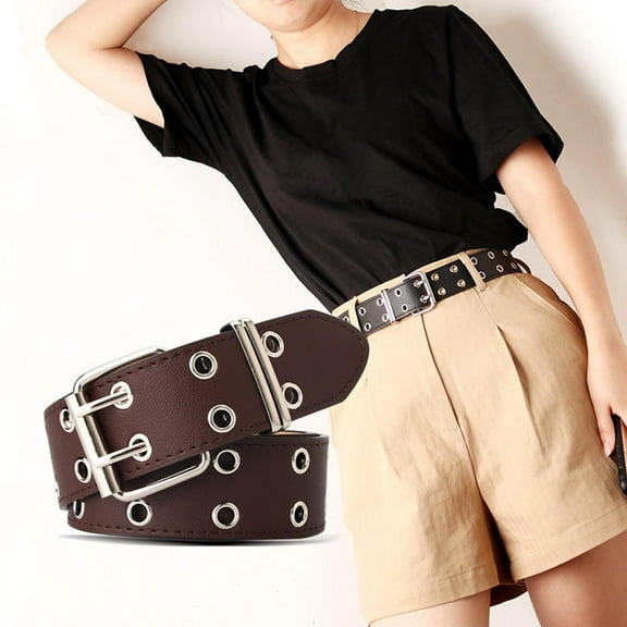 Double Grommet Belt, Vintage for Women Men Cosplay Double Prong Buckle Jeans Belt , Coffee