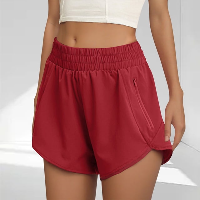 Women's Athletic Shorts High Waisted Drawstring Running Gym Shorts with Zipper Pockets Red M