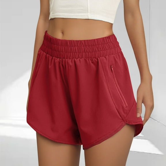 CQONEPT Sport Shorts with Zip Pockets for Womens High Rise Baggy Casual Elastic Waist Jogger Shorts Athletic Running Short Pants Red 2XL