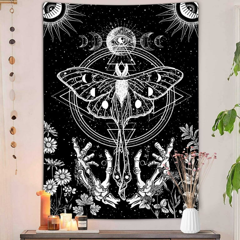 Trippy Moth Moon Witchy Vertical Tapestry Black and White Goth