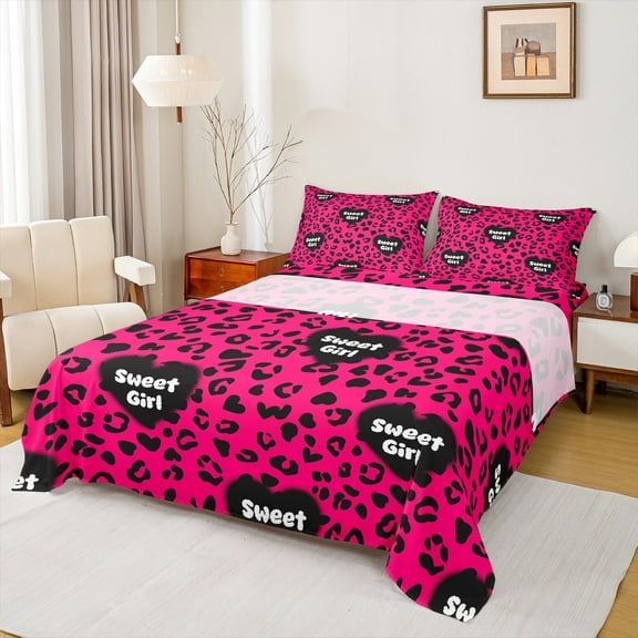 Manfei Cheetah Leopard Print Twin Sheet Sets, Hot Pink Cartoon Twin Fitted Sheet, Romantic Love Heart Flat Sheet, Luxury Bedroom Decor, 3 Pieces