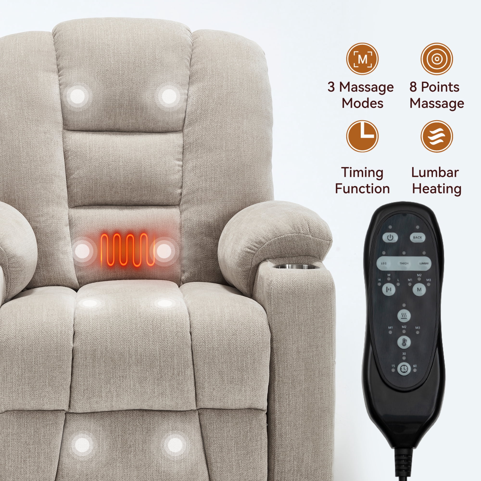 Large Power Lift Recliner Chair with Massage and Heat for Elderly,Chenille Overstuffed Wide Recliners with USB and Type C Ports, 2 Steel Cup Holders,Beige
