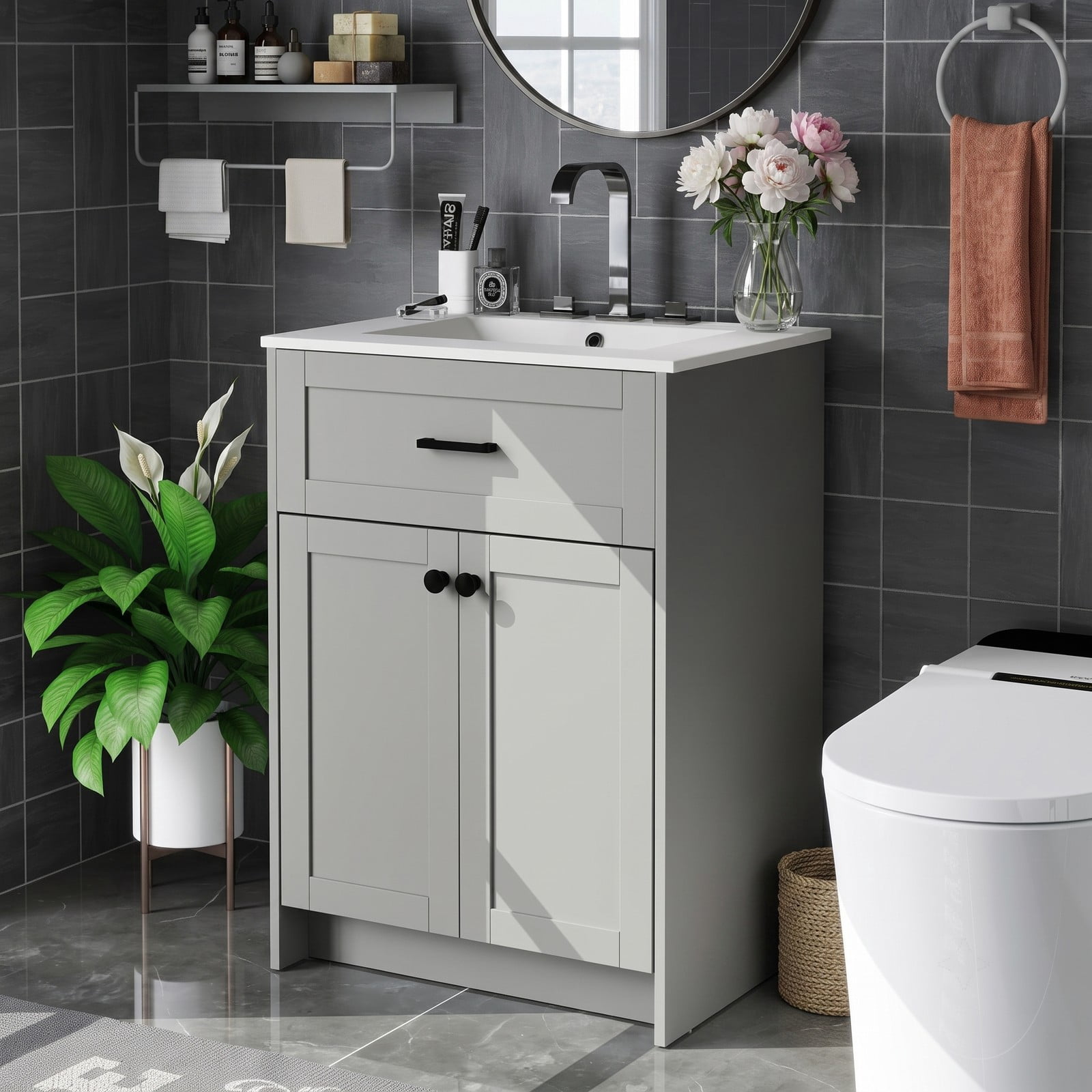 ALPULON Bathroom Vanity Unit with Ceramic Basin Sink, Freestanding 24 Inch Floor Standing Bathroom Vanity Cabinet with 2 Soft Close Doors and Pre-Drilled Faucet, Gray