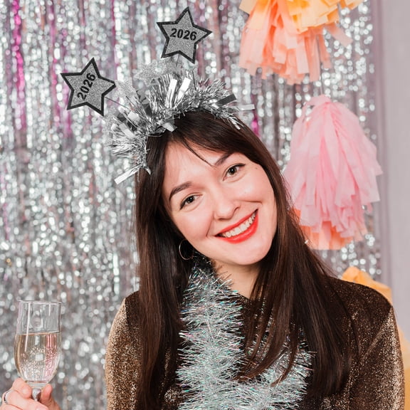 NIAIZEK 2026 New Year's Eve Headband Silver Glitter Star Party Costume Accessory
