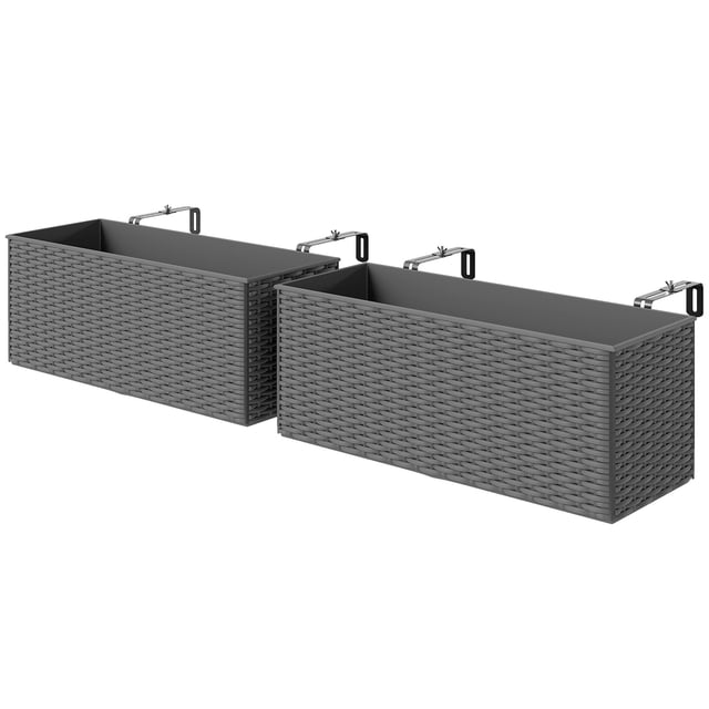 Set of 2 Grey Hanging Flower Pots, 20 Inch Rattan Style Railing Planter Boxes with Metal Hooks and Drainage Plugs for Garden Fence, Patio, Balcony and Outdoor Deck Decor