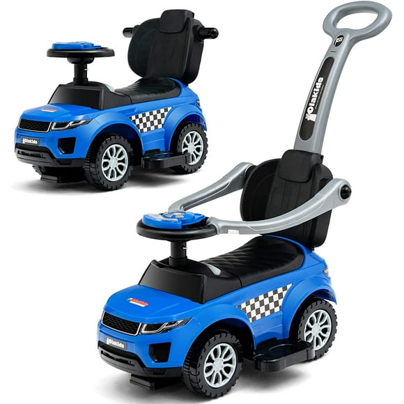 OLAKIDS 4 in 1 Ride on Push Car, Toddlers Stroller Sliding Walking Toy with Horn, Music, Lights, Removable Guardrails and Handle, Underneath Storage, Baby Foot-to-Floor Walker for Boys Girls