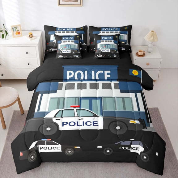 Homewish Cartoon Police Car Twin Bedding Sets 7-Piece for Boys, Cute Truck Bedding Comforter Set, Kawaii Vehicle Theme Reversible Sheet Sets, Lightweight Room Decor
