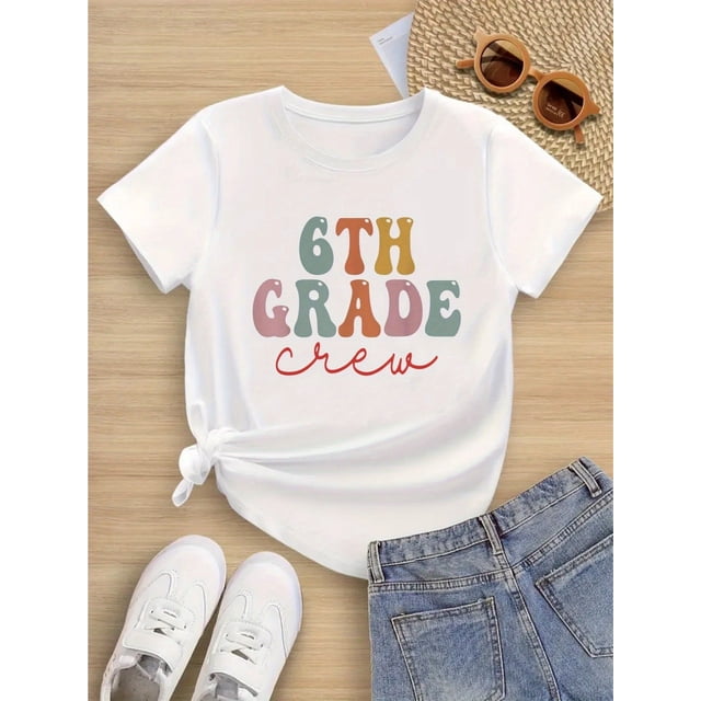 T-Shirt en Coton à Manches Courtes Style Équipe pour Filles de 6e Année - Haut Décontracté à Col Rond Doux avec Lettrage Géométrique Coloré, Confort Toutes Saisons pour les 6-14 Ans, Chemises pour Filles
