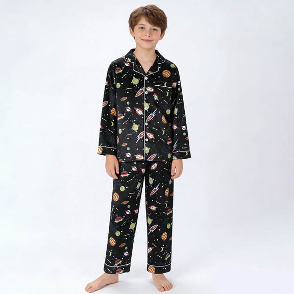 ZHOGXU Big Kids Boys Pajama Sets Long Sleeve Lapel Cartoon Print Tops And Pants Soft Comfortable Sleepwear Outfits For Daily Wear Black 9-10 Years