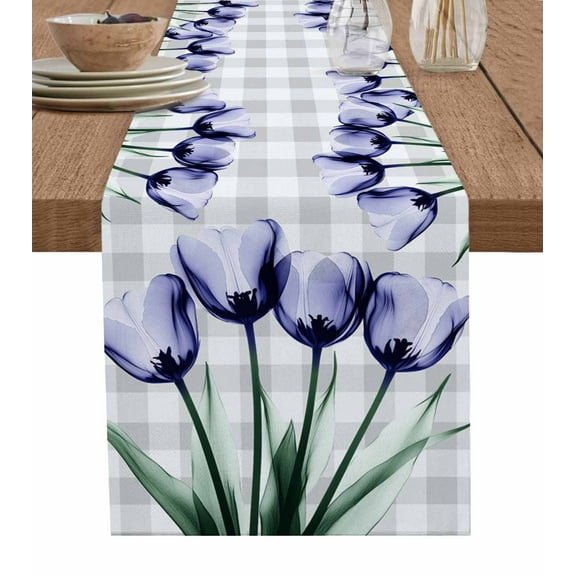Hokiten Table Runners 72 Inches Long Dress Scarves, Light Purple Tulip Farmhouse Kitchen/Dining Table Runner, Coffee Tablerunners, Farmhouse Flowers Grey Checkered 13x72 Inch