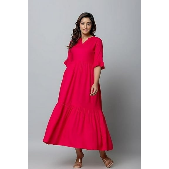VIHAAN IMPEX Casual A-Line Maxi Dress with Bell Elbow-Length Sleeves, Women's