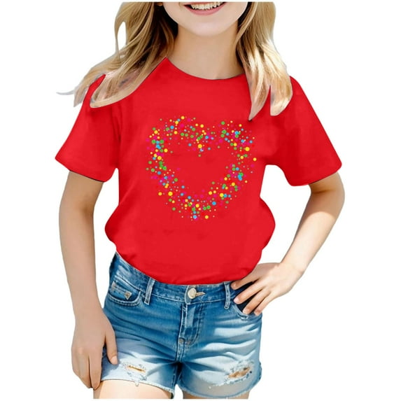XEGLSBU Shirts for Girls 7-8 Size Girls Casual Short Sleeve Crewneck T Shirt Top Soft Comfortable Kids Tee with Print for Play and School Activities Red Size 11-12 Years