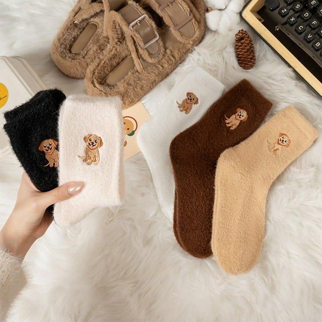 Calcetín 5 pares de calcetines gruesos y cálidos de media pantorrilla con forro polar y diseño de cachorro bordado para mujer JASKFLY