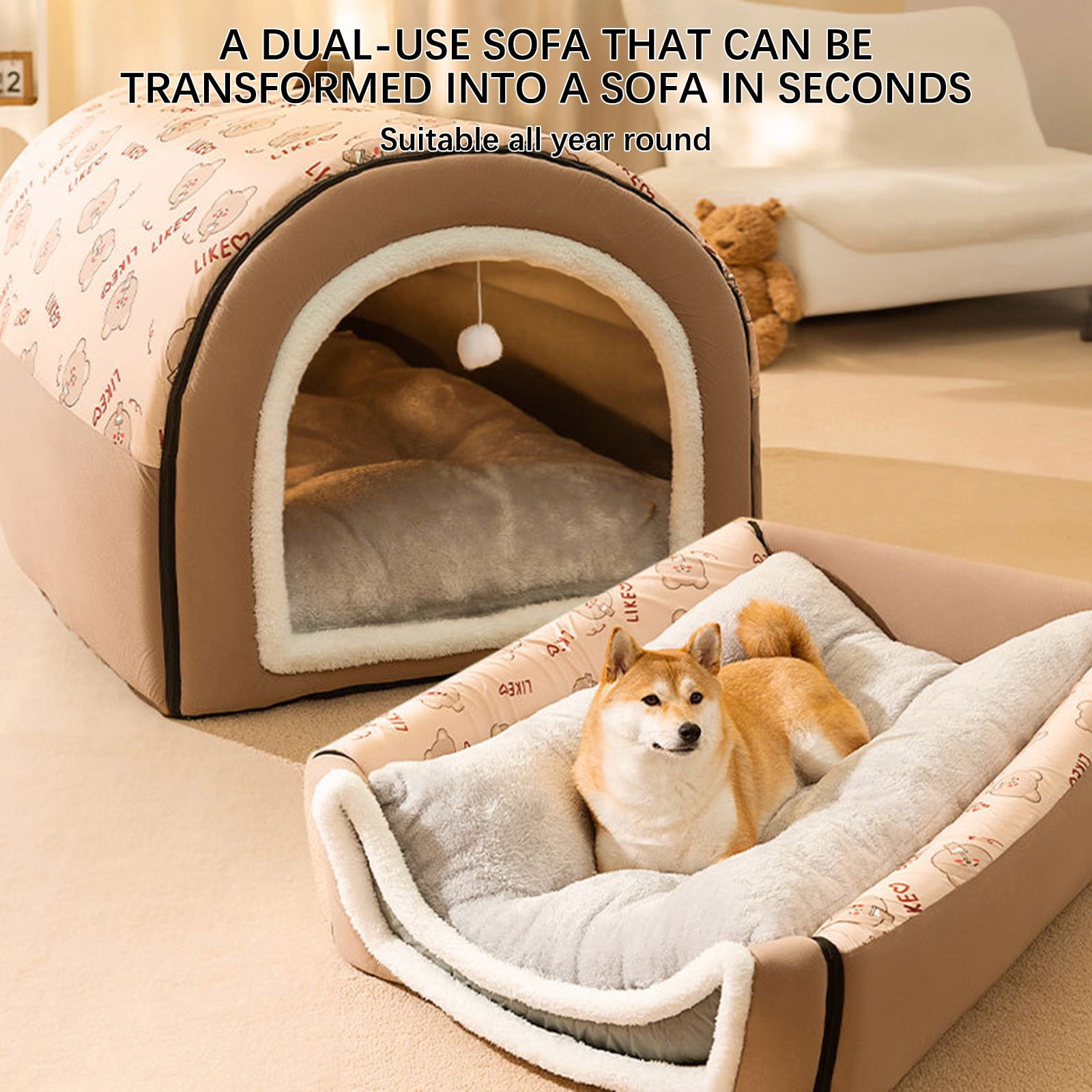 PAVEOS Cats House Clearance Pet Bed House 2 Ways to Use Indoor House for Cats and Small Dogs with Mat Removable and Washable Cover House and Bottom Brown