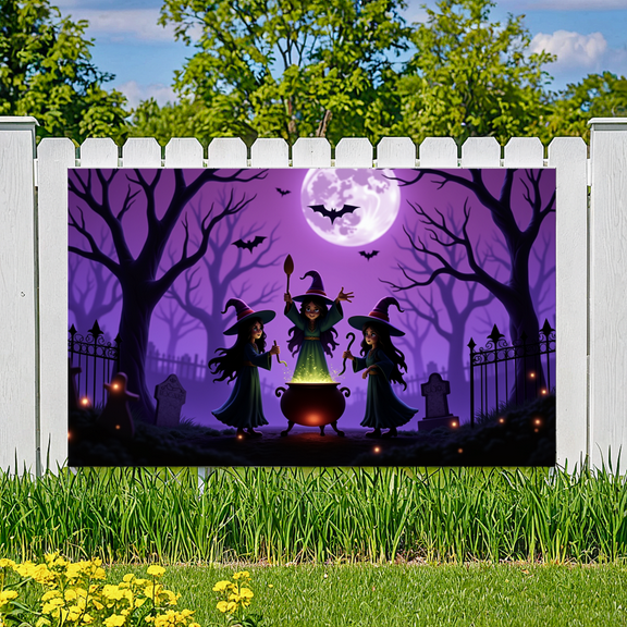 Spooky Witch Theme Halloween Banner Cauldron Scene Night Sky Bats Moon for Halloween Party Decoration Outdoor Indoor