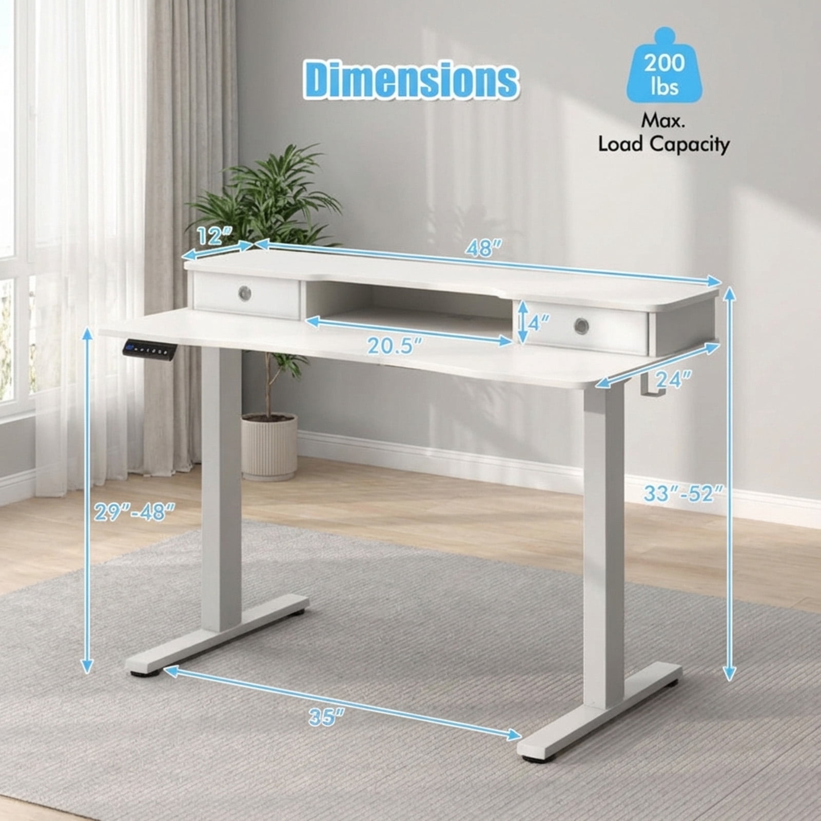 Furnibear 48 x 24 Inch Electric Height Adjustable Standing Desk with 2 Fabric Drawers Monitor Stand Memory Settings White