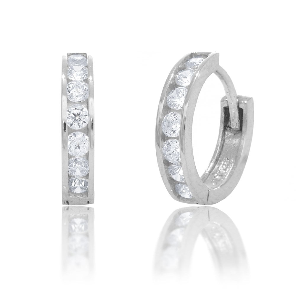 Sterling Silver Rhodium Channel Set Cubic Zirconia Huggie Hoop Earrings