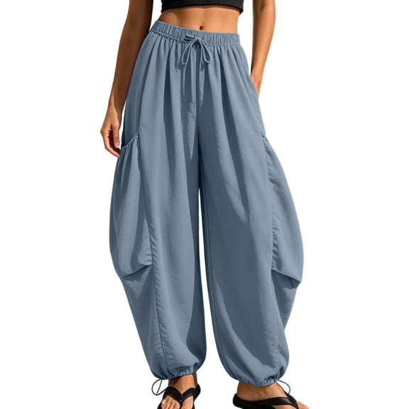 Levmjia Women High Waisted Harem Pants Casual Elastic Waist with Drawstring Side Pockets Adjustable Cuff Wide Leg Loose Trousers for Daily Wear